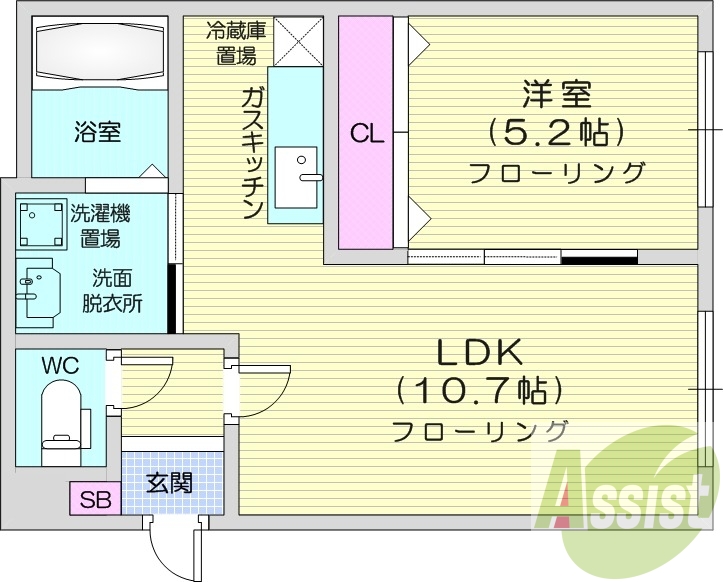 1LDK、ガスリミット付き、エアコン、浴室乾燥機