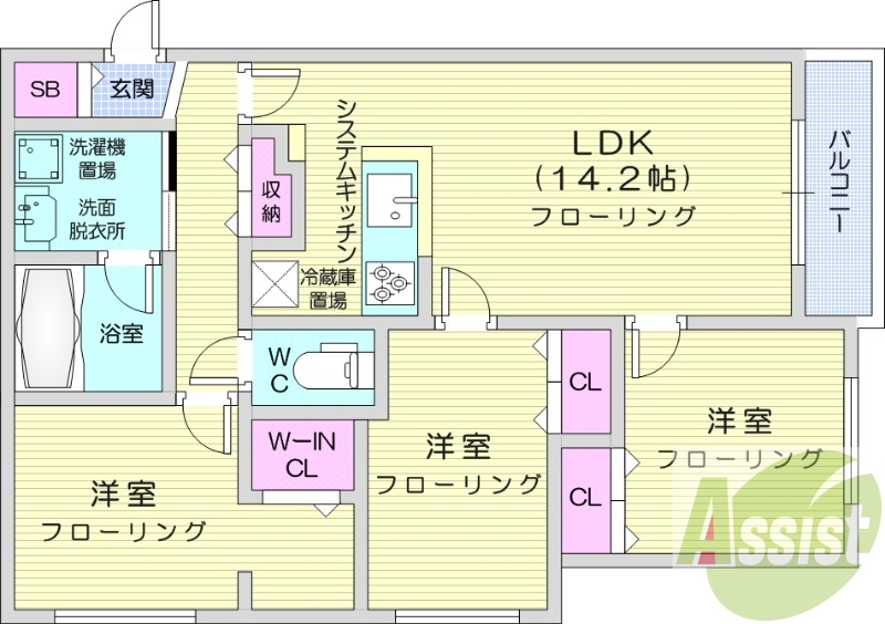 3LDK、都市ガス、エアコン、システムキッチン