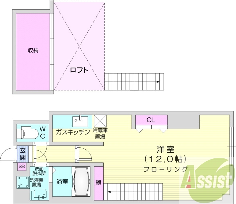 1R、シャワートイレ、ロフト付き、シューズボックス