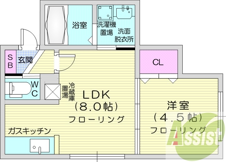 1LDK、バス・トイレ別、モニター付きインターホン