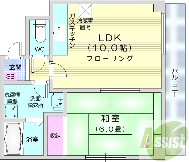 1LDK、エアコン、独立洗面台、バストイレ別