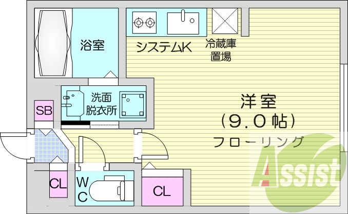 1R、エアコン、システムキッチン、独立洗面台