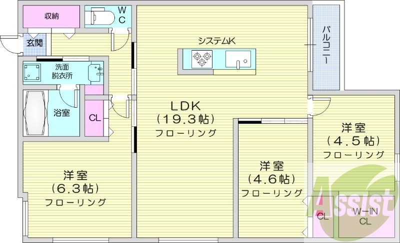 3LDK、エアコン、追い焚き、浴室乾燥機、システムキッチン