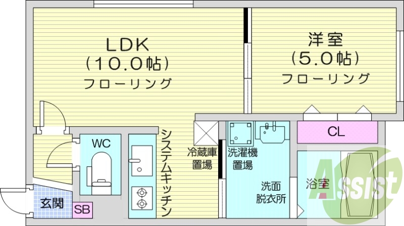 1LDK、エアコン、システムキッチン、独立洗面台