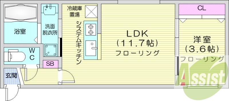 1LDK、都市ガス、エアコン、システムキッチン