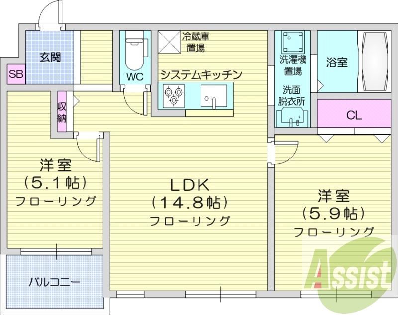 2LDK、エアコン、灯油暖房、システムキッチン