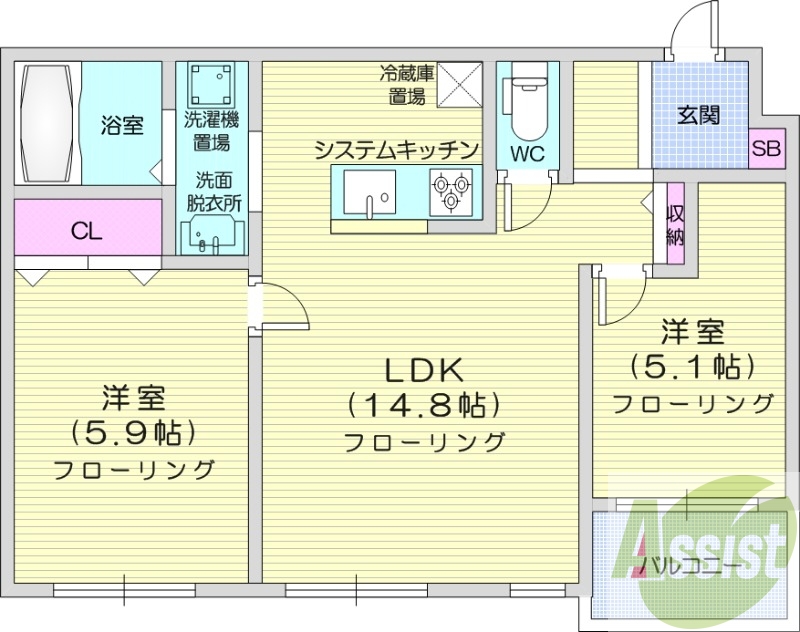 2LDK、エアコン、灯油暖房、システムキッチン