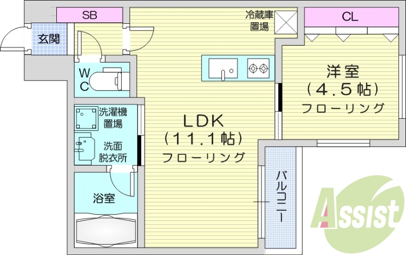1LDK、都市ガス、エアコン、追い焚き、システムキッチン