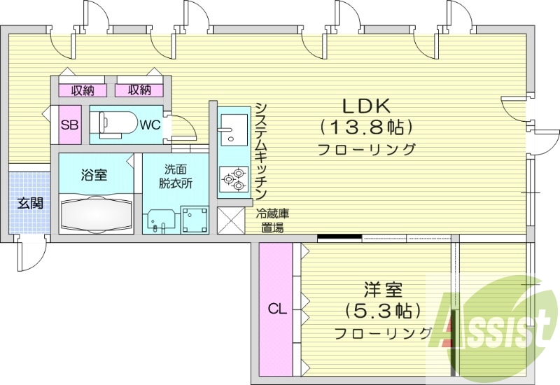 1LDK、システムキッチン、灯油暖房、収納