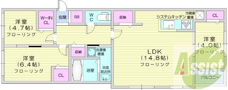 3LDK、都市ガス、エアコン、システムキッチン