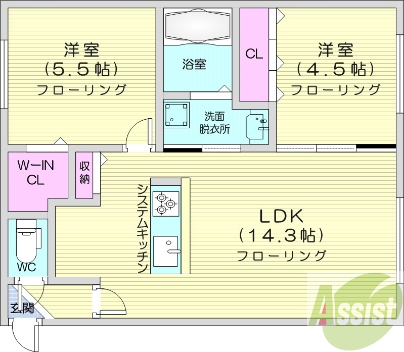 2LDK、エアコン、システムキッチン、追い焚き、灯油暖房、