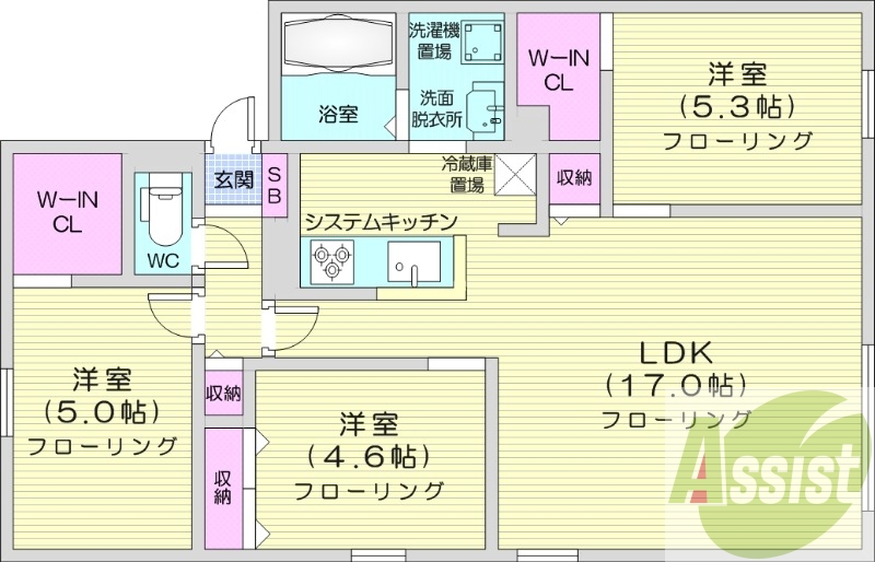 3LDK、エアコン、追い焚き、浴室乾燥機