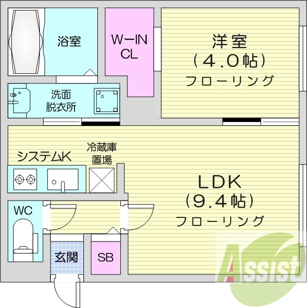 1LDK、エアコン、浴室乾燥機、システムキッチン