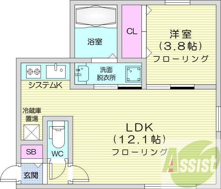 1LDK、エアコン、浴室乾燥機、システムキッチン