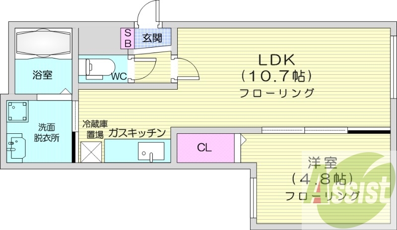1LDK、エアコン、浴室乾燥機、オートロック、独立洗面台