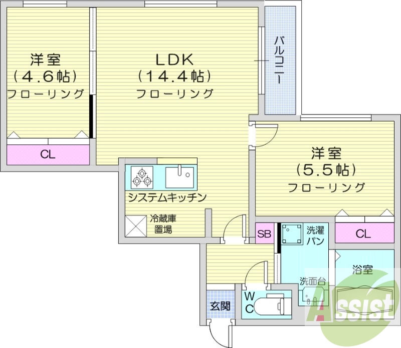 2LDK、都市ガス、追い焚き、浴室乾燥機、システムキッチン