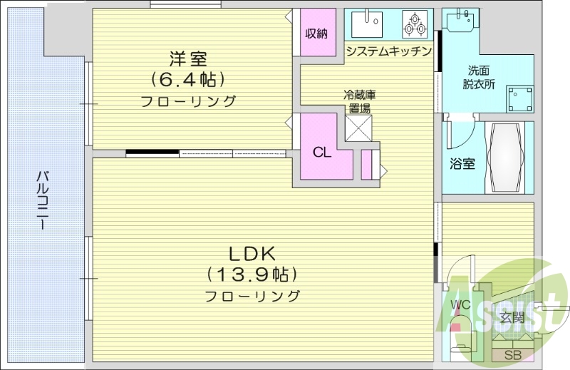 1LDK、都市ガス、追い焚き、浴室乾燥機、システムキッチン
