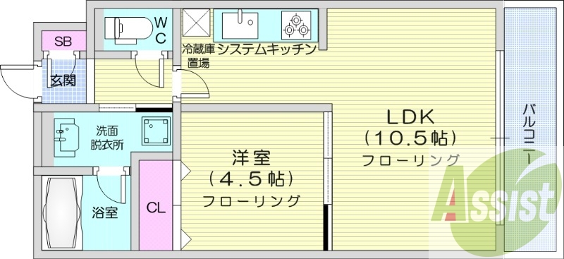 1LDK、都市ガス、システムキッチン、ガスFF暖房