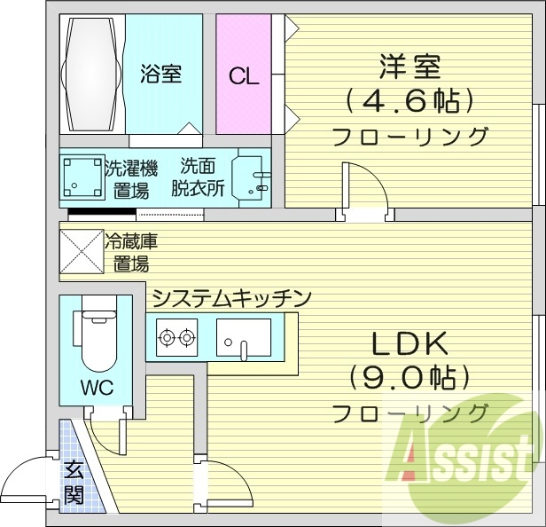 1LDK、エアコン、システムキッチン、独立洗面台