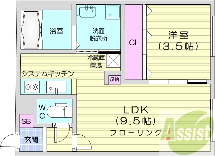 1LDK、エアコン、システムキッチン、独立洗面台