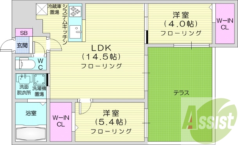 2LDK、都市ガス、エアコン、浴室乾燥機、追い焚き