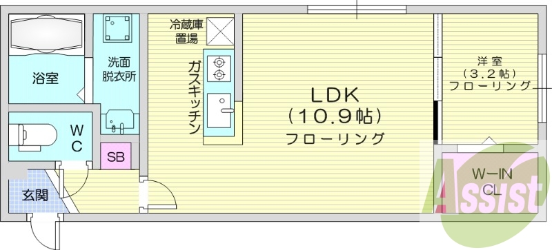 1LDK、都市ガス、システムキッチン、エアコン