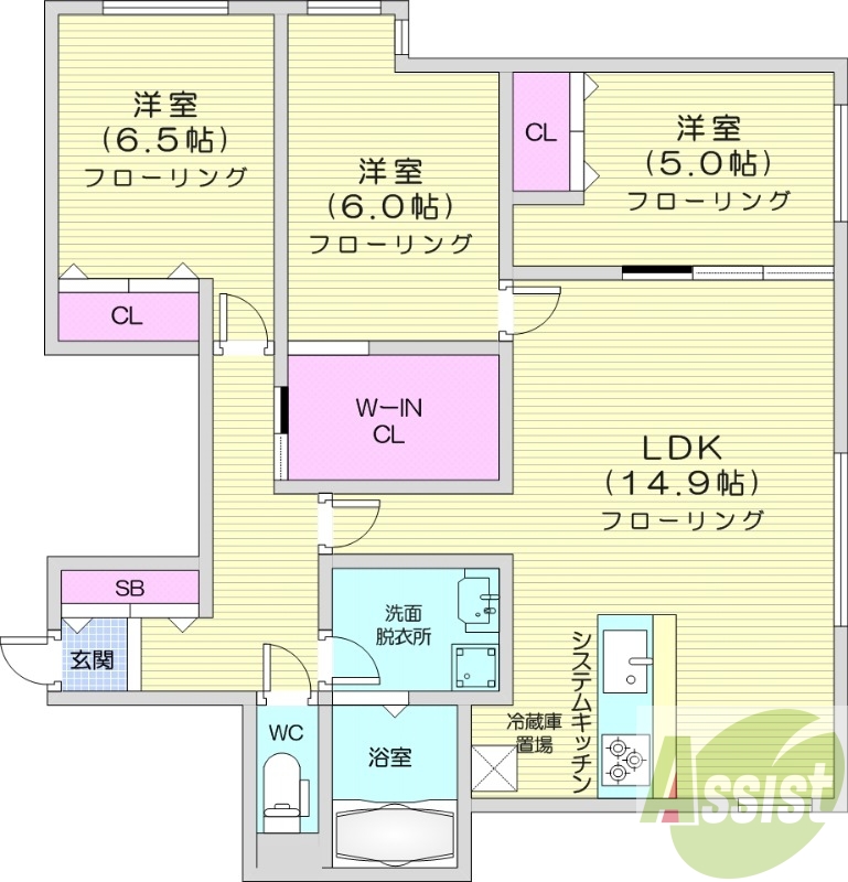 3LDK、都市ガス、エアコン、システムキッチン、追い焚き