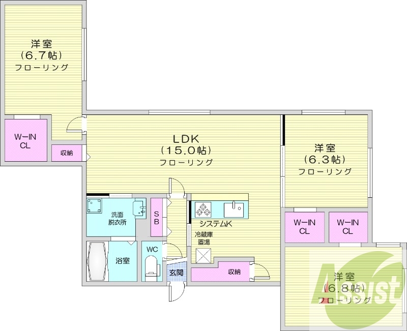 3LDK、都市ガス、エアコン、システムキッチン、追い焚き