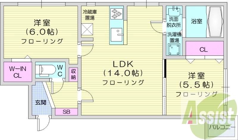 2LDK、追い焚き、オートロック、都市ガス
