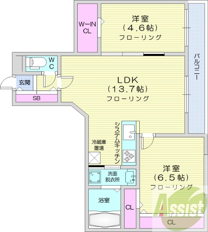 2LDK、都市ガス、エアコン、システムキッチン、浴室乾燥機
