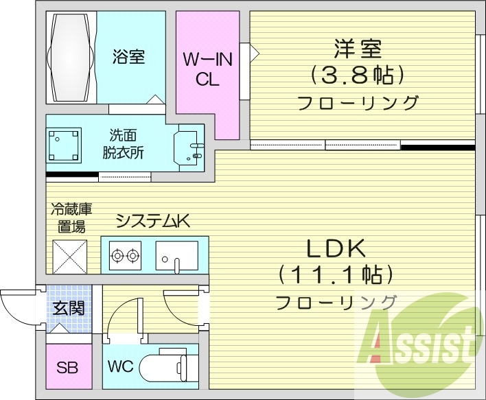 1LDK、都市ガス、エアコン、システムキッチン、浴室乾燥機