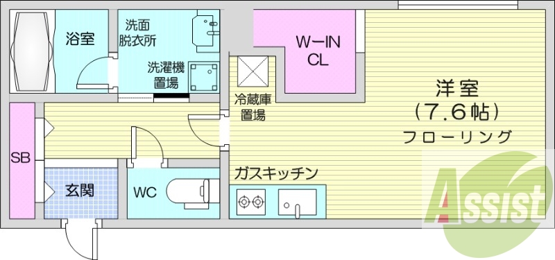 1K、都市ガス、エアコン、ガス暖房、ネット無料