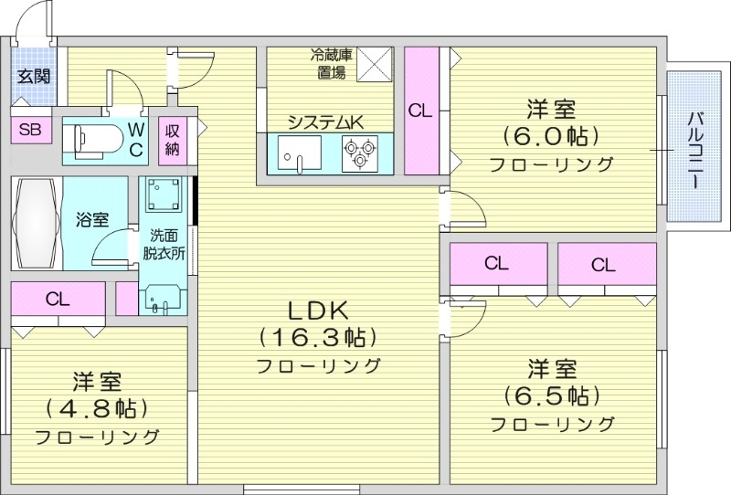 3LDK、エアコン、システムキッチン、1坪バス、追い焚き