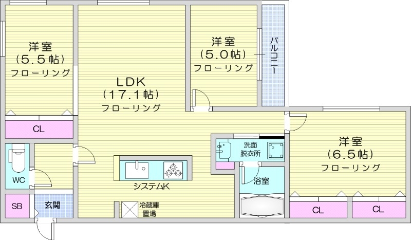 3LDK、エアコン、システムキッチン、1坪バス、追い焚き