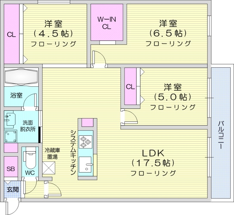 3LDK、エアコン、システムキッチン、1坪バス、追い焚き