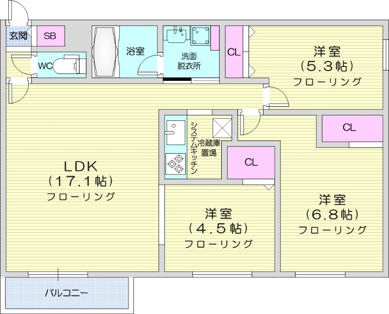 3LDK、エアコン、システムキッチン、1坪バス、追い焚き