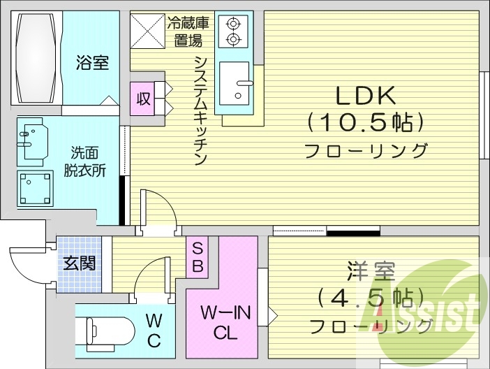 1LDK、エアコン、ネット無料、システムキッチン