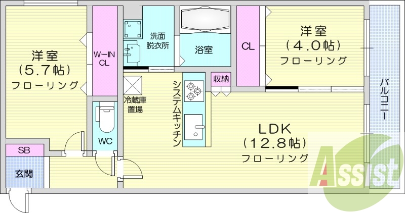 2LDK、都市ガス、エアコン、浴室乾燥機、追い焚き