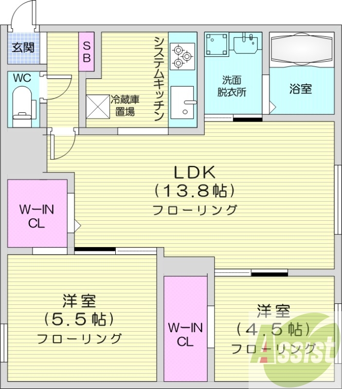 2LDK、エアコン、浴室乾燥機、システムキッチン