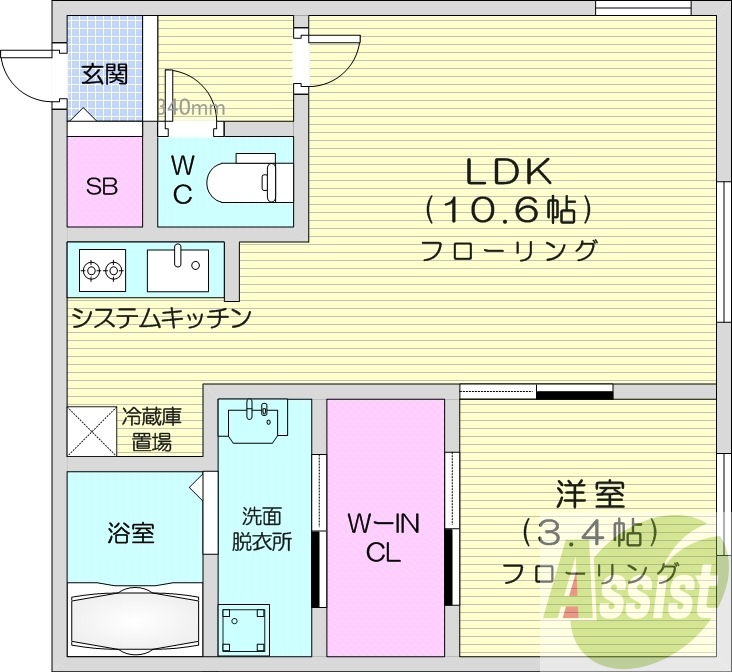 1LDK、エアコン、ウォークインクローゼット、システムK