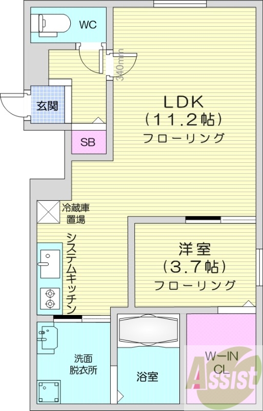 1LDK、エアコン、ウォークインクローゼット、システムK
