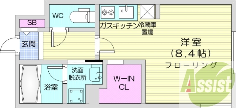 1K、都市ガス、エアコン、ガス暖房、ネット無料