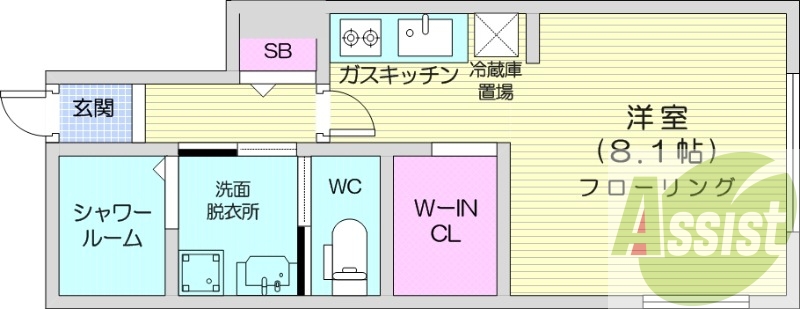 1K、都市ガス、エアコン、ガス暖房、ネット無料