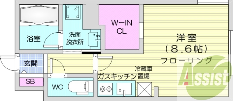 1K、都市ガス、エアコン、ガス暖房、ネット無料