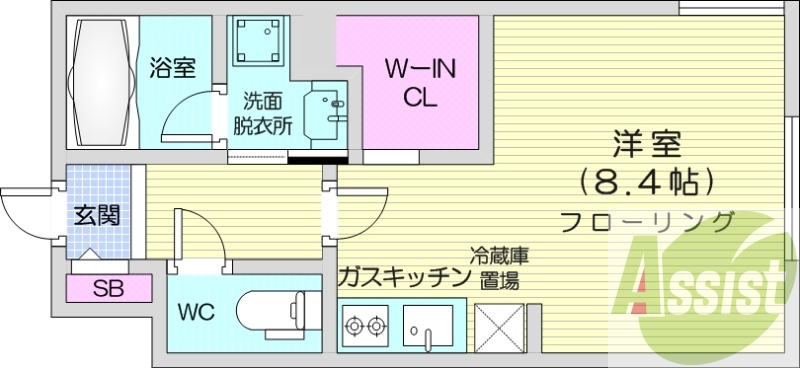 1K、都市ガス、エアコン、ガス暖房、ネット無料