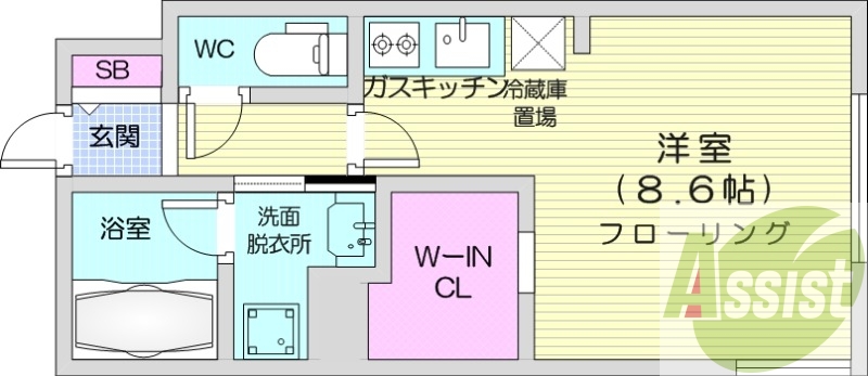 1K、都市ガス、エアコン、ガス暖房、ネット無料