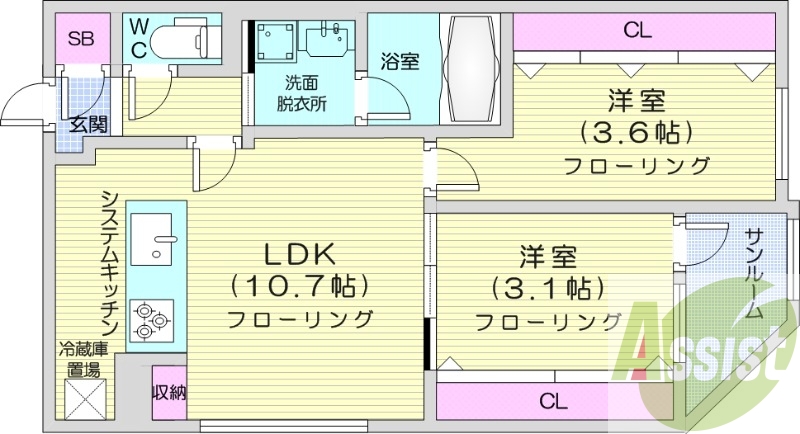 2LDK、都市ガス、エアコン、システムキッチン