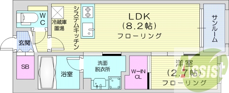 1LDK、都市ガス、エアコン、システムキッチン