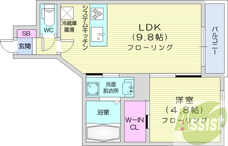 1LDK、都市ガス、エアコン、システムキッチン