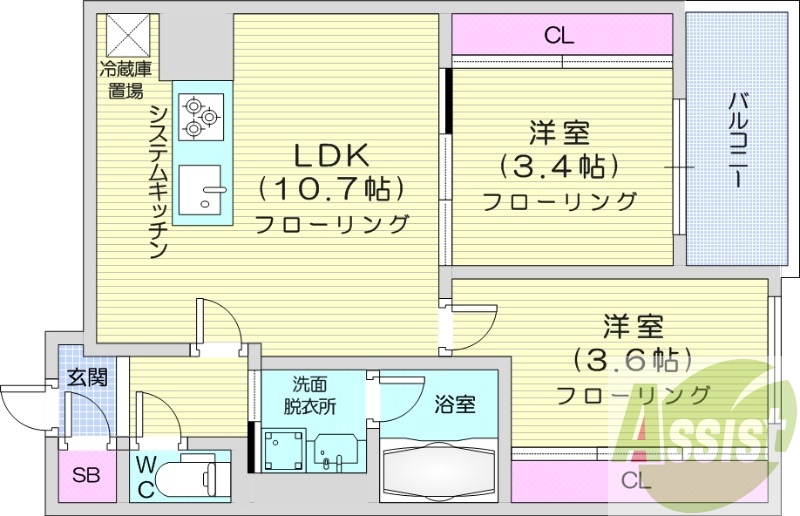 2LDK、都市ガス、エアコン、システムキッチン